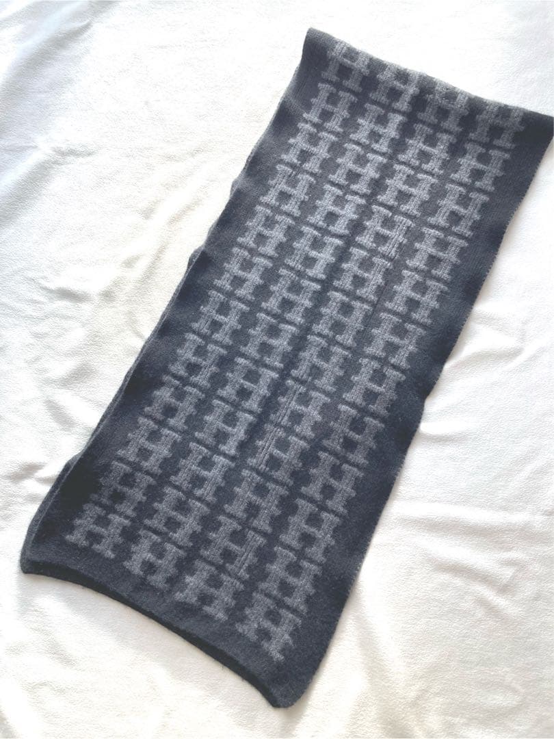 廃番　エルメス　カシミヤ100 H柄　大判ストール　ブラック×グレー　美品