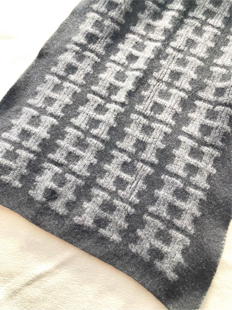 廃番　エルメス　カシミヤ100 H柄　大判ストール　ブラック×グレー　美品