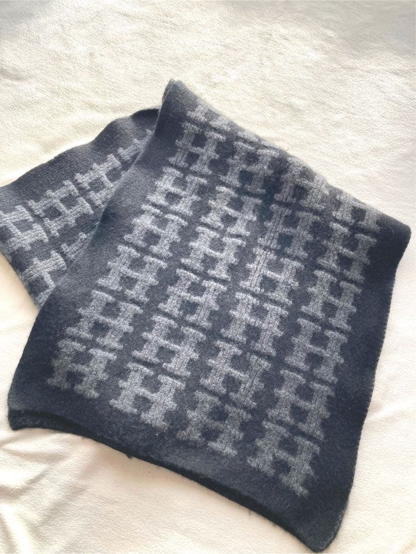 廃番　エルメス　カシミヤ100 H柄　大判ストール　ブラック×グレー　美品