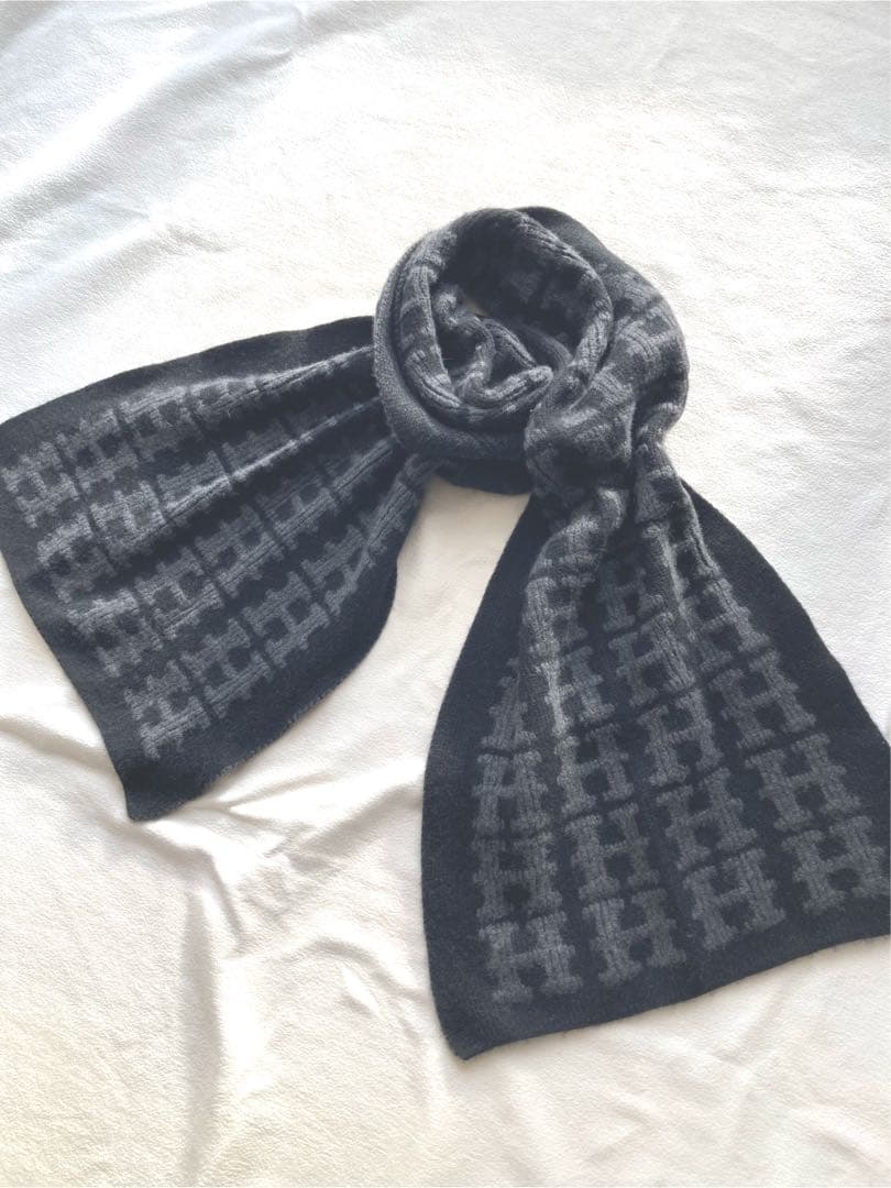 廃番　エルメス　カシミヤ100 H柄　大判ストール　ブラック×グレー　美品