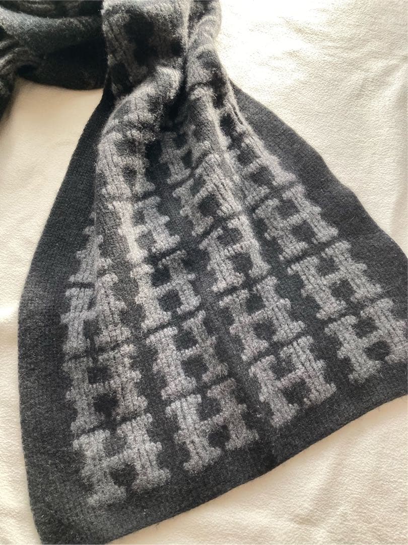 廃番　エルメス　カシミヤ100 H柄　大判ストール　ブラック×グレー　美品