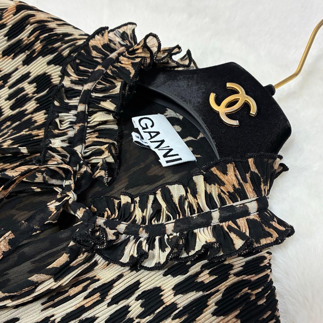 GANNI フリル襟 リボンタイ レオパード チュニックワンピース