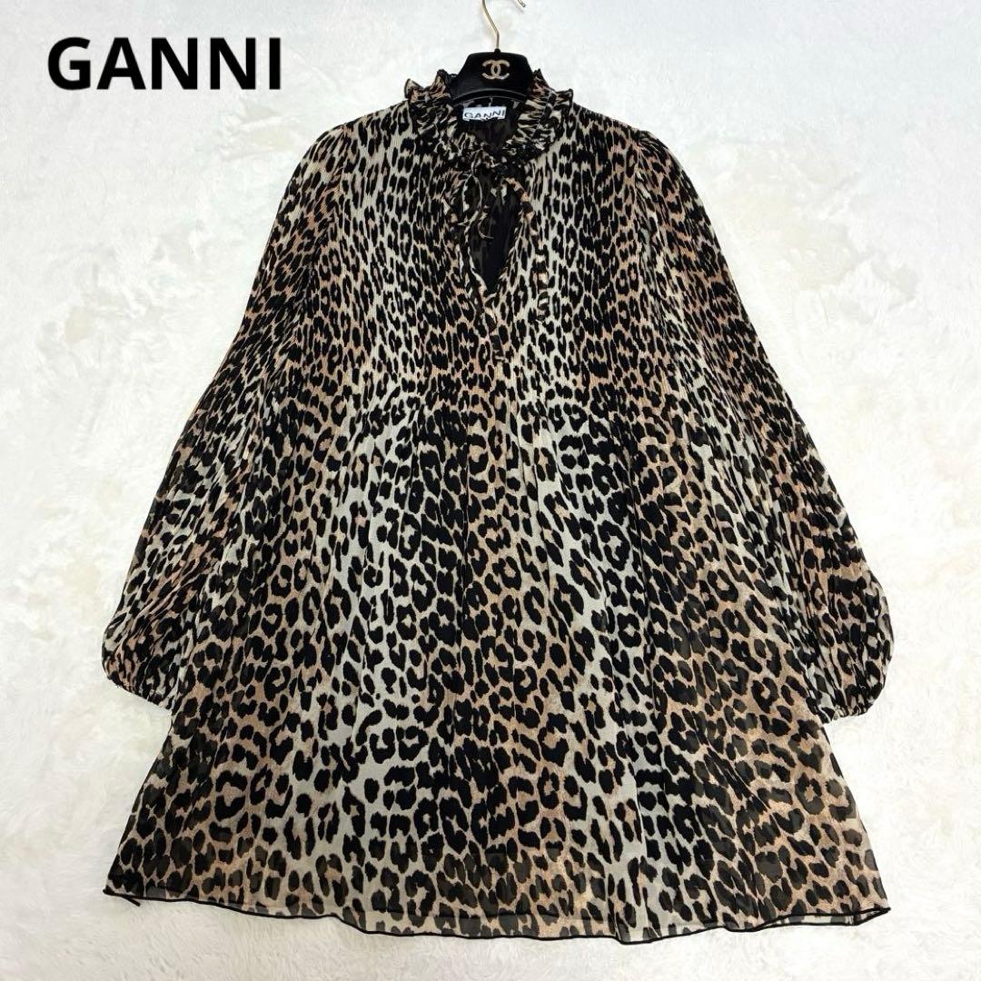 GANNI フリル襟 リボンタイ レオパード チュニックワンピース