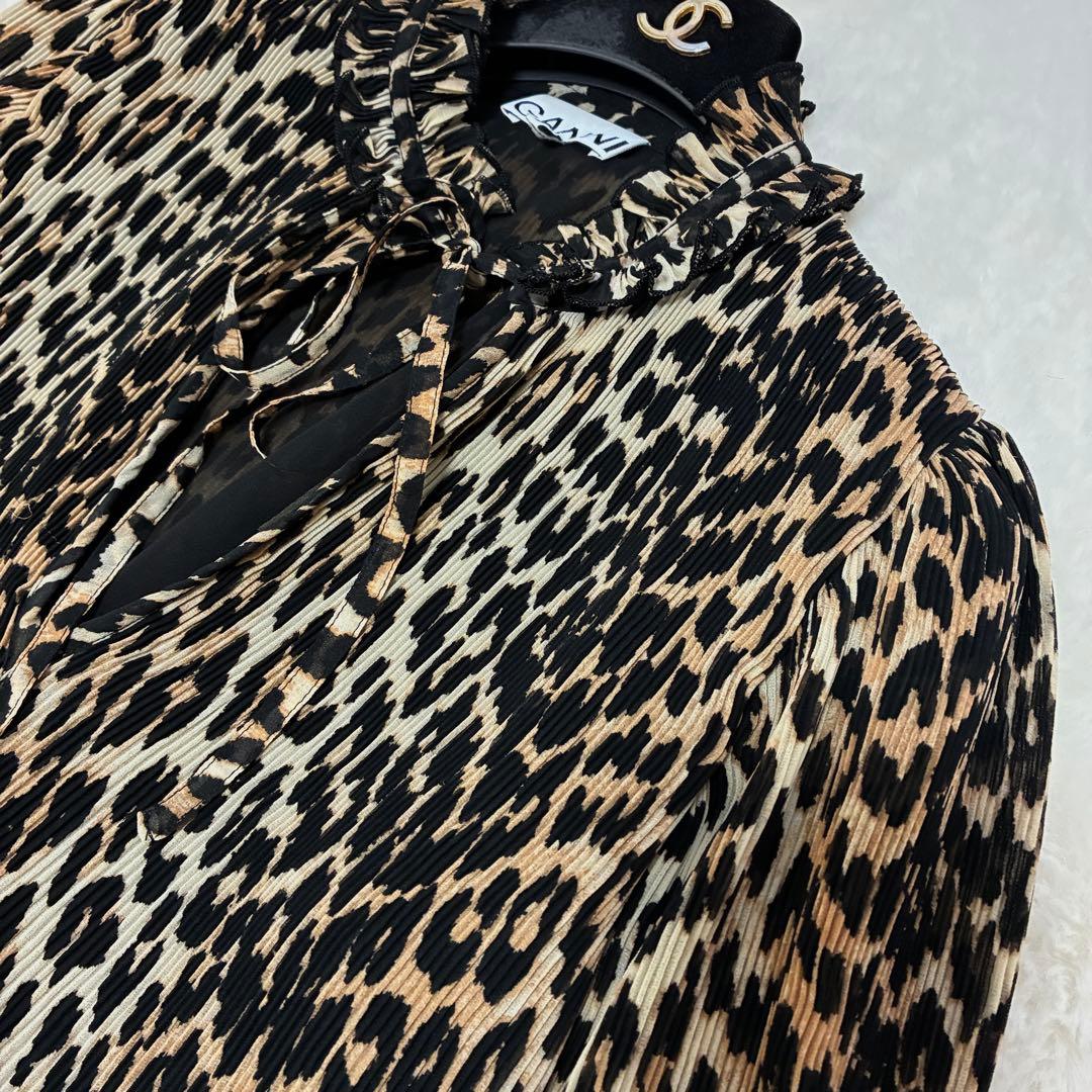 GANNI フリル襟 リボンタイ レオパード チュニックワンピース