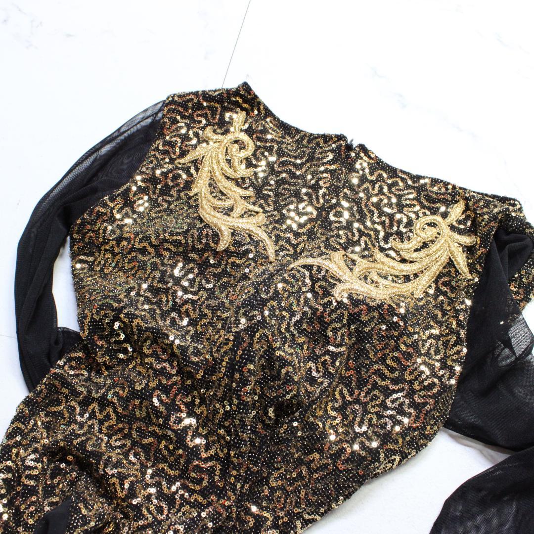 【美品 社交ダンス衣装】ワンピース ドレス 黒 ブラック 金 ゴールド 刺繍