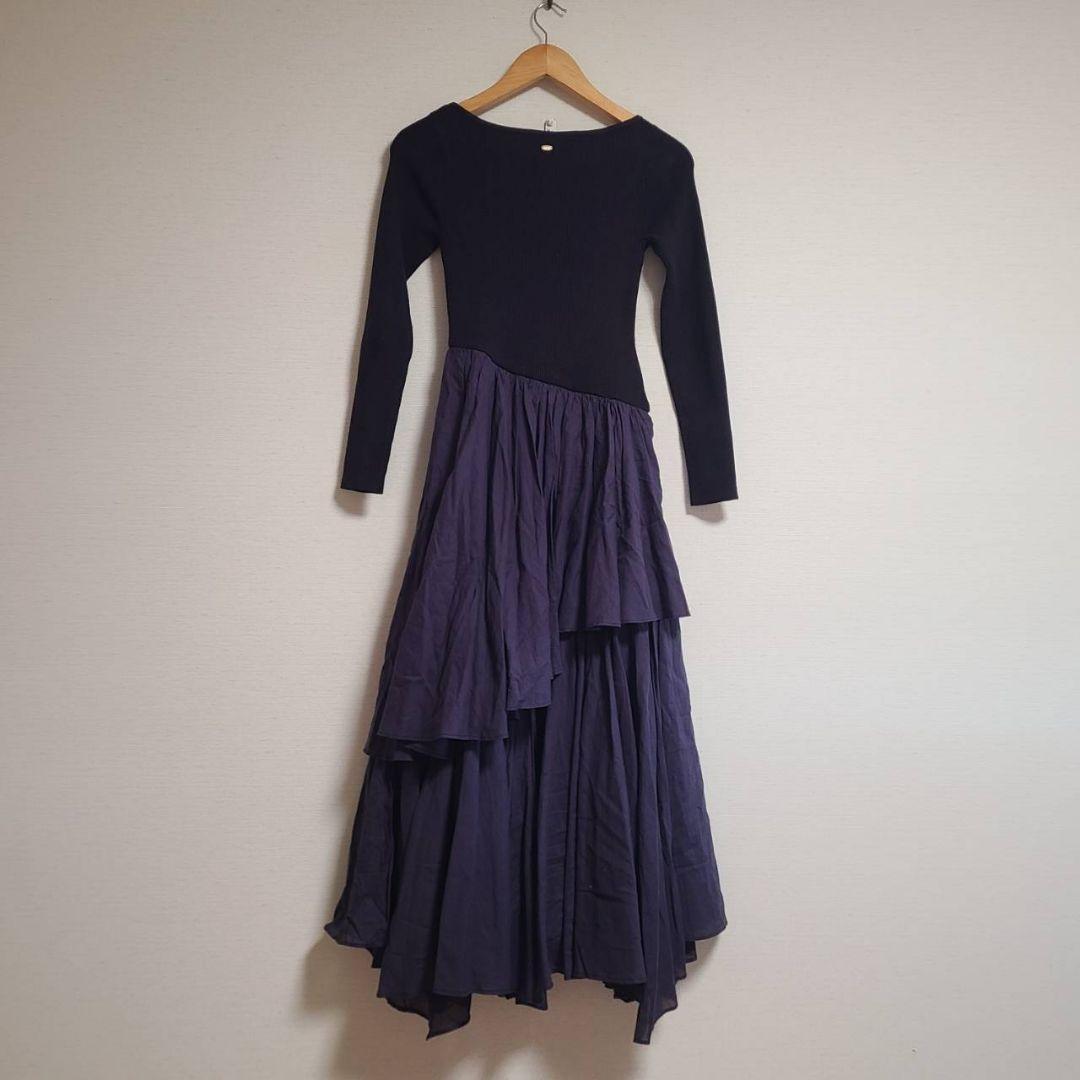 アニュアンス ボートネックイレギュラーヘムドッキングニットワンピース ロング