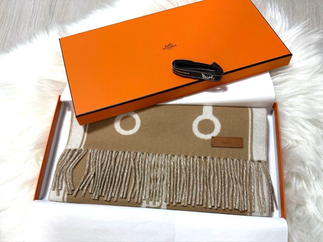 新品未使用　エルメスカシミヤマフラー モール キャメル / イヴォワール