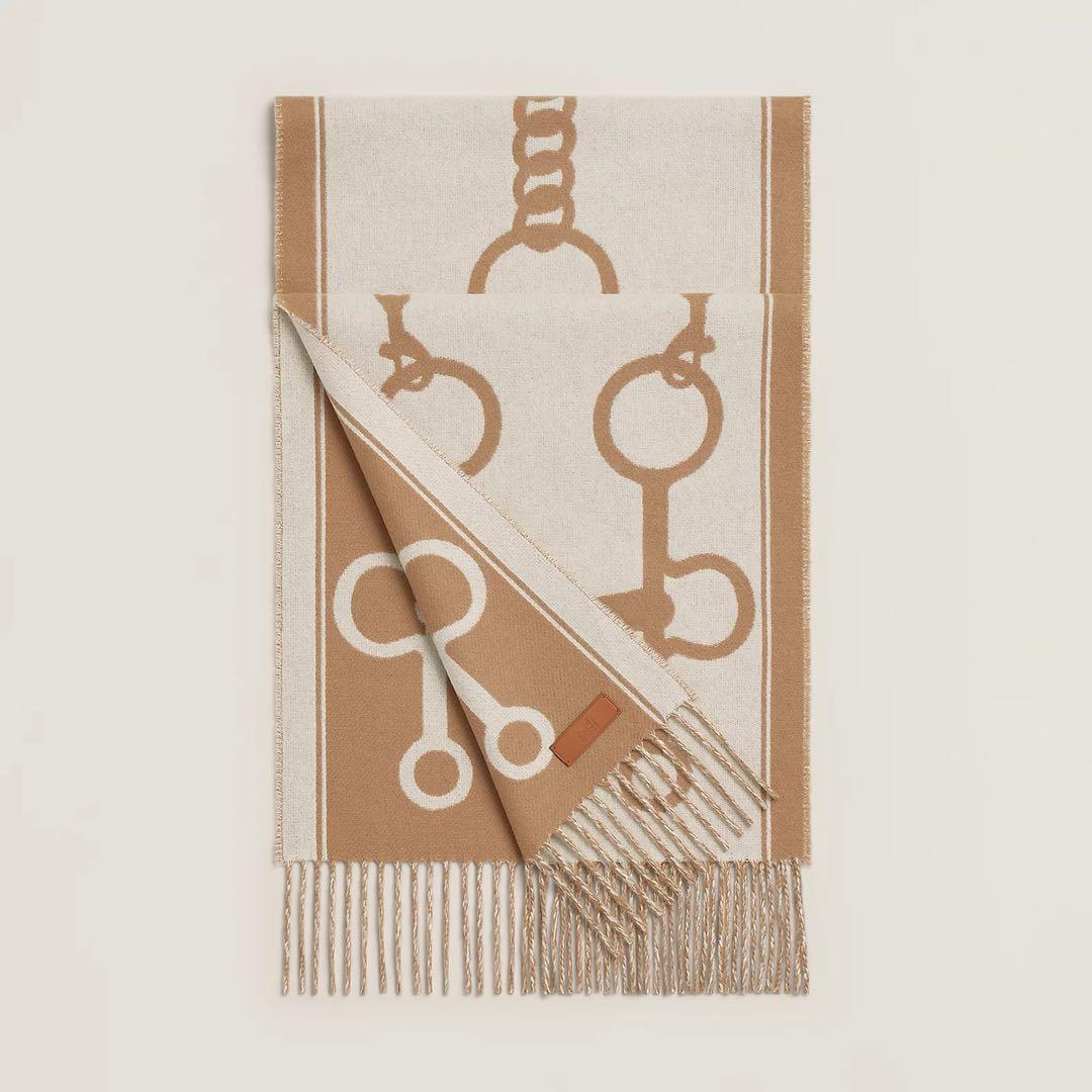 新品未使用　エルメスカシミヤマフラー モール キャメル / イヴォワール