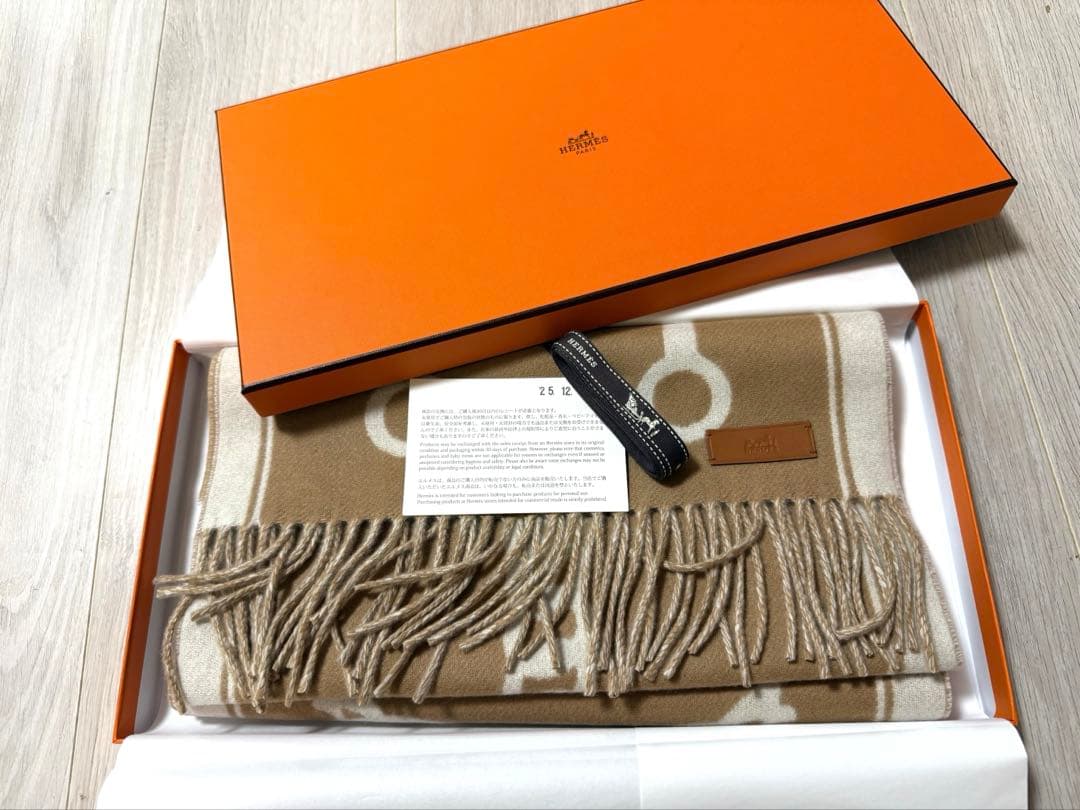 新品未使用　エルメスカシミヤマフラー モール キャメル / イヴォワール