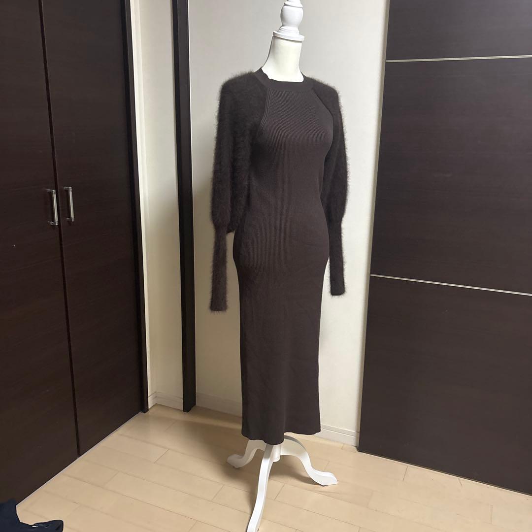 【anuans】ブラウン リブ編み モヘアロングワンピース