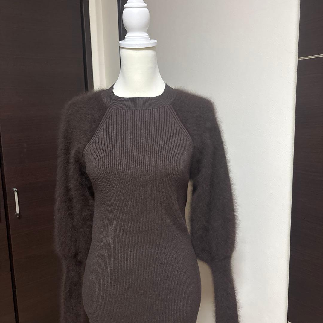 【anuans】ブラウン リブ編み モヘアロングワンピース