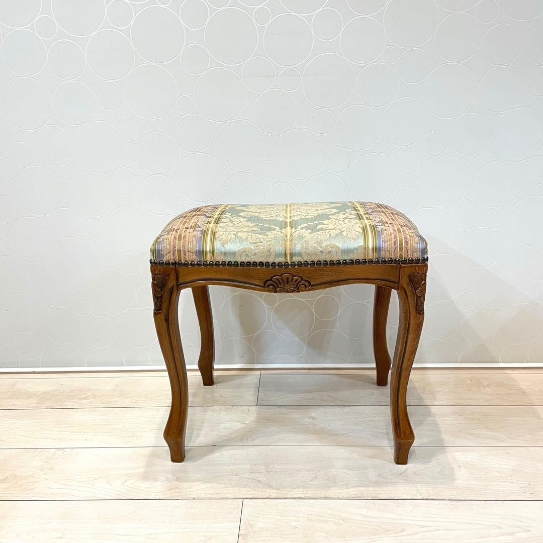 【美品】イタリア製 猫脚 木製スツール オットマン 花柄 ロココ調 アンティーク