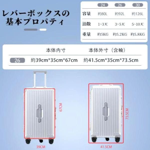 大容量 トロリースーツケース キャスター5輪 ダイヤルロック アルミフレーム