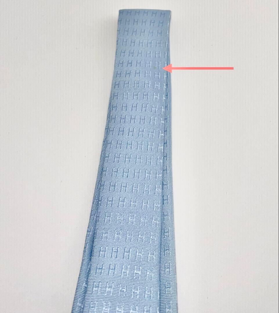 美品 エルメス ハイブランド ネクタイ ファソネ H柄 水色 光沢 高級