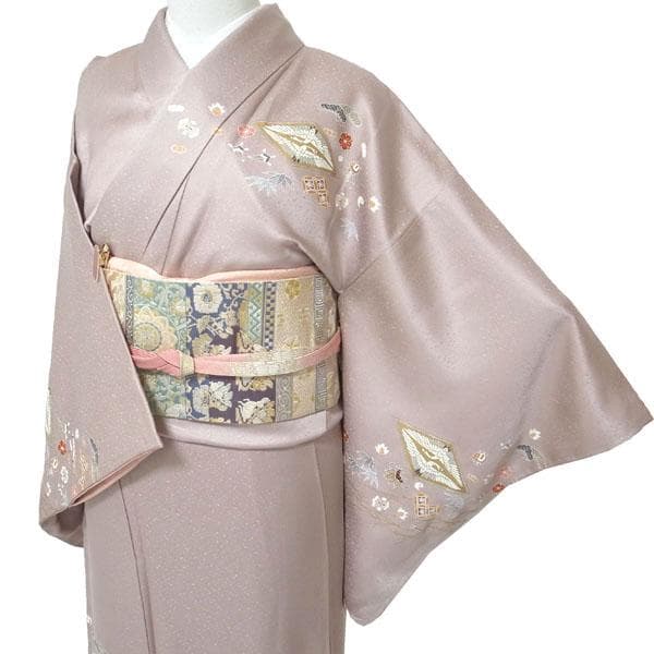 訪問着 着物 手描き友禅 金彩加工 金駒刺繍 裄66.5 Ｍ 中古 sn1890