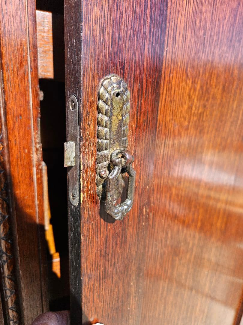 英国アンティーク 古いワードローブ 洋服箪笥 木製 無垢 ミラー 引出し付き