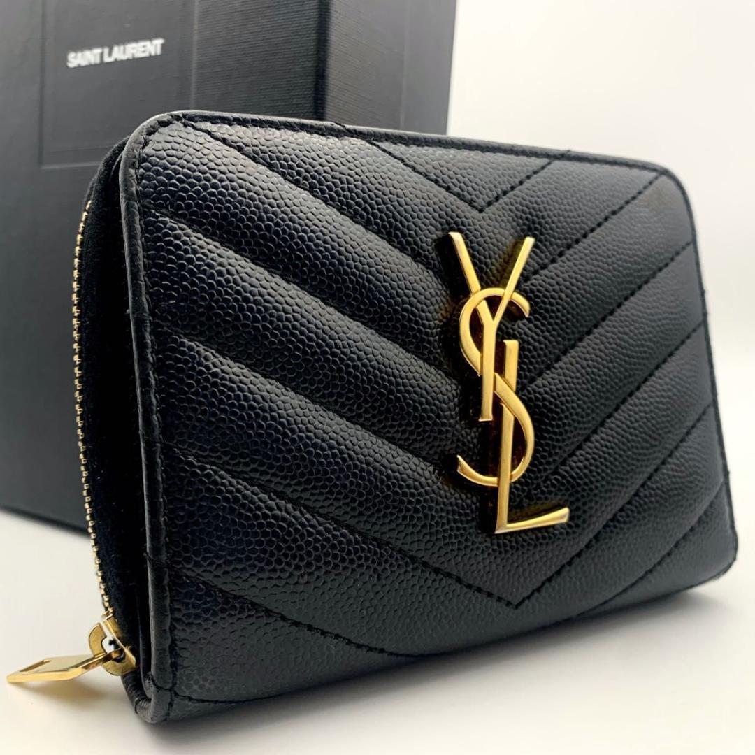 箱付き 美品 サンローラン 財布 カサンドラ YSL 二つ折り コンパクト 黒