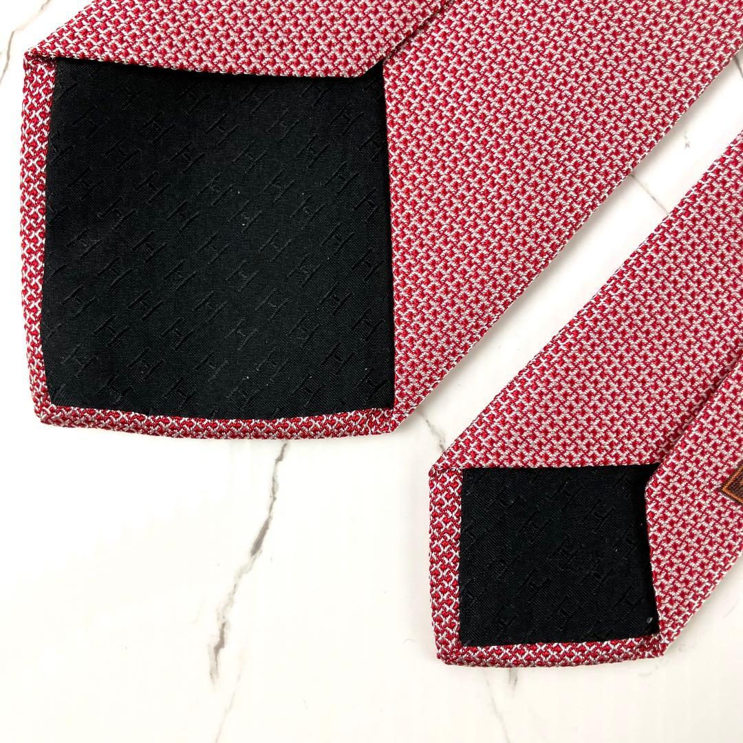 HERMES エルメス　ネクタイ　H柄　H織　ジャガード　光沢　レッド