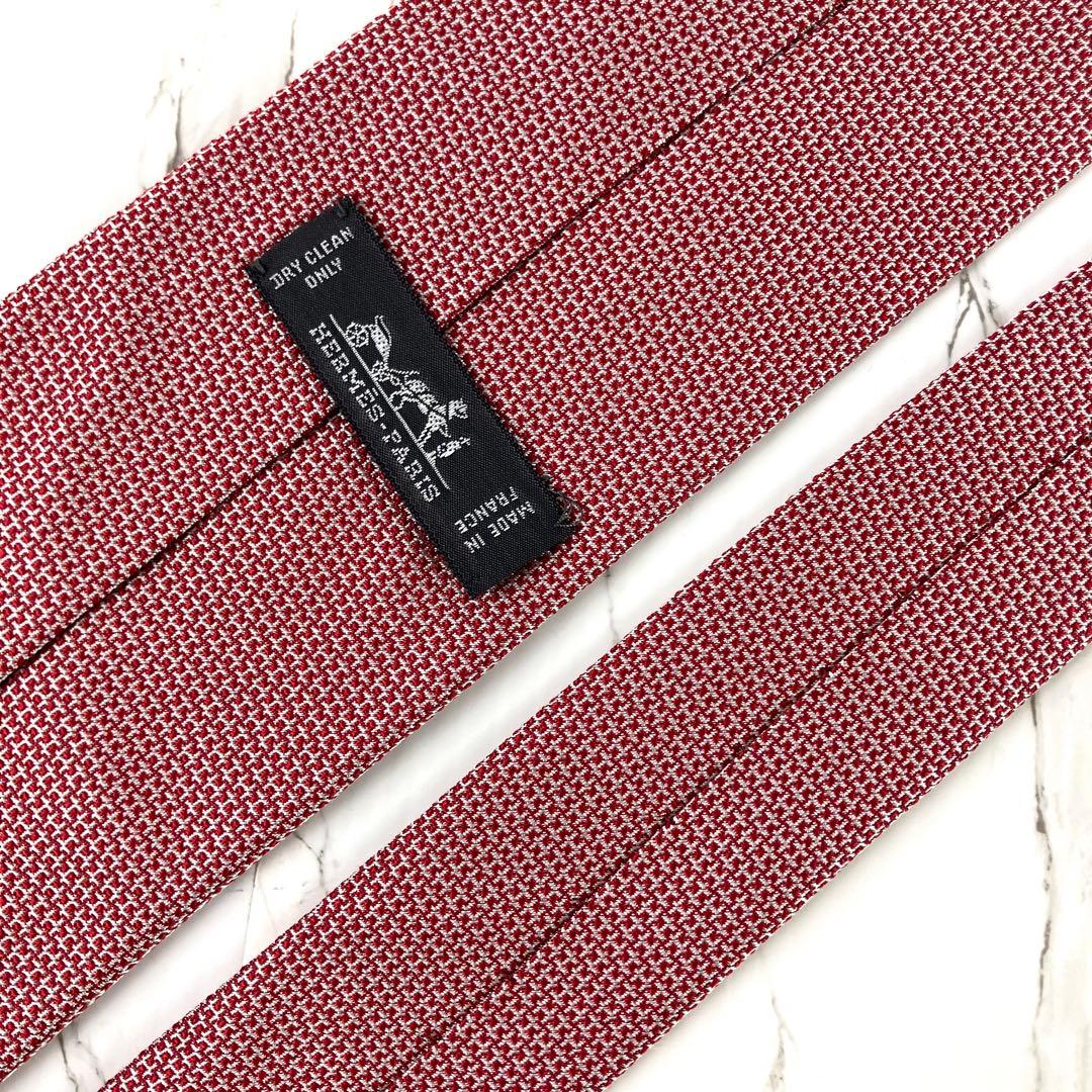 HERMES エルメス　ネクタイ　H柄　H織　ジャガード　光沢　レッド