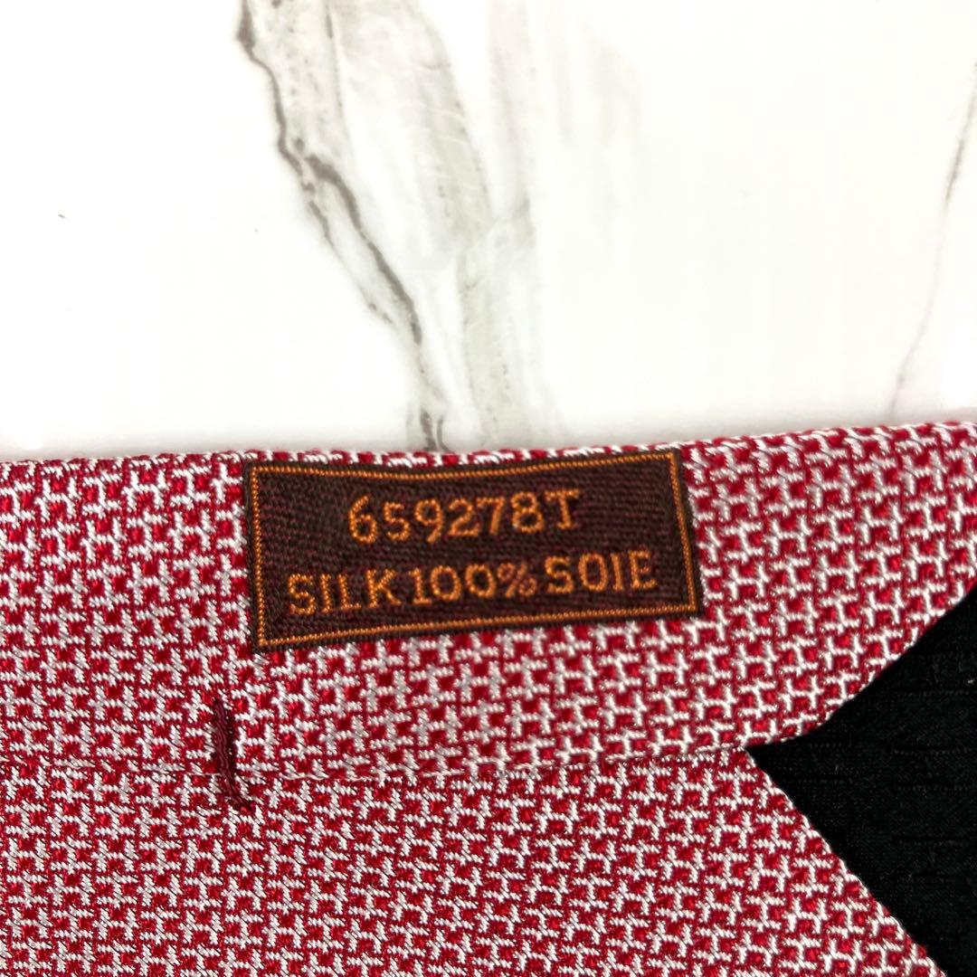 HERMES エルメス　ネクタイ　H柄　H織　ジャガード　光沢　レッド