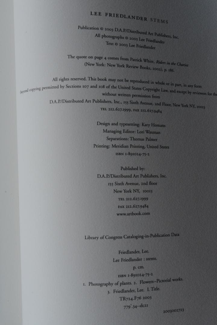 【Stems】リー・フリードランダー写真集 2003年 直筆サイン入 新品未読品