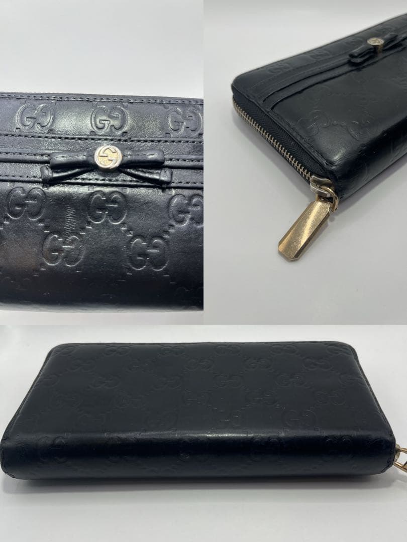 鑑定済　GUCCI グッチ ラウンドファスナー財布 GG リボン シマレザー