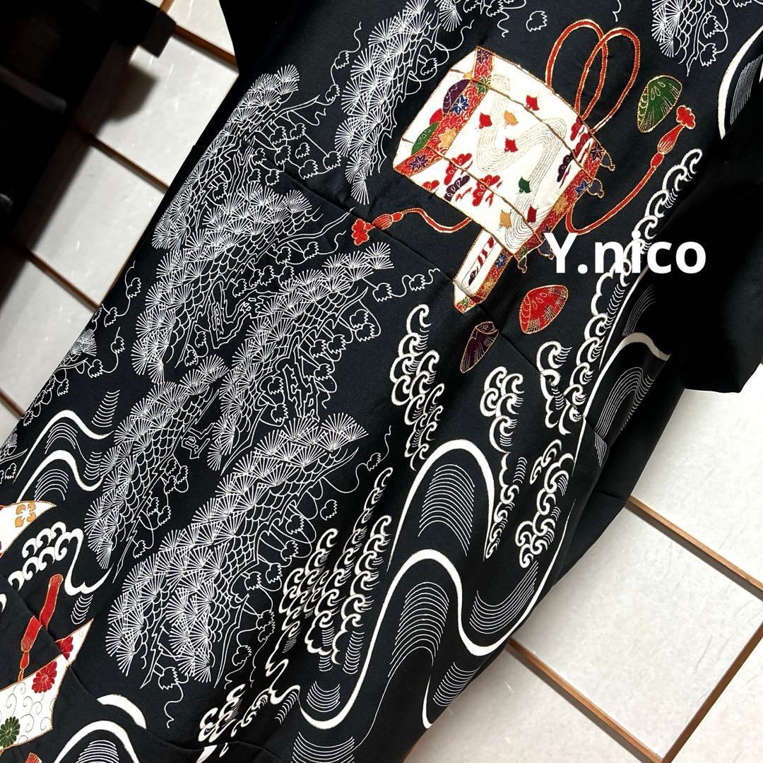 LL 着物リメイク 正絹 黒留袖 シンプルゆったりワンピース