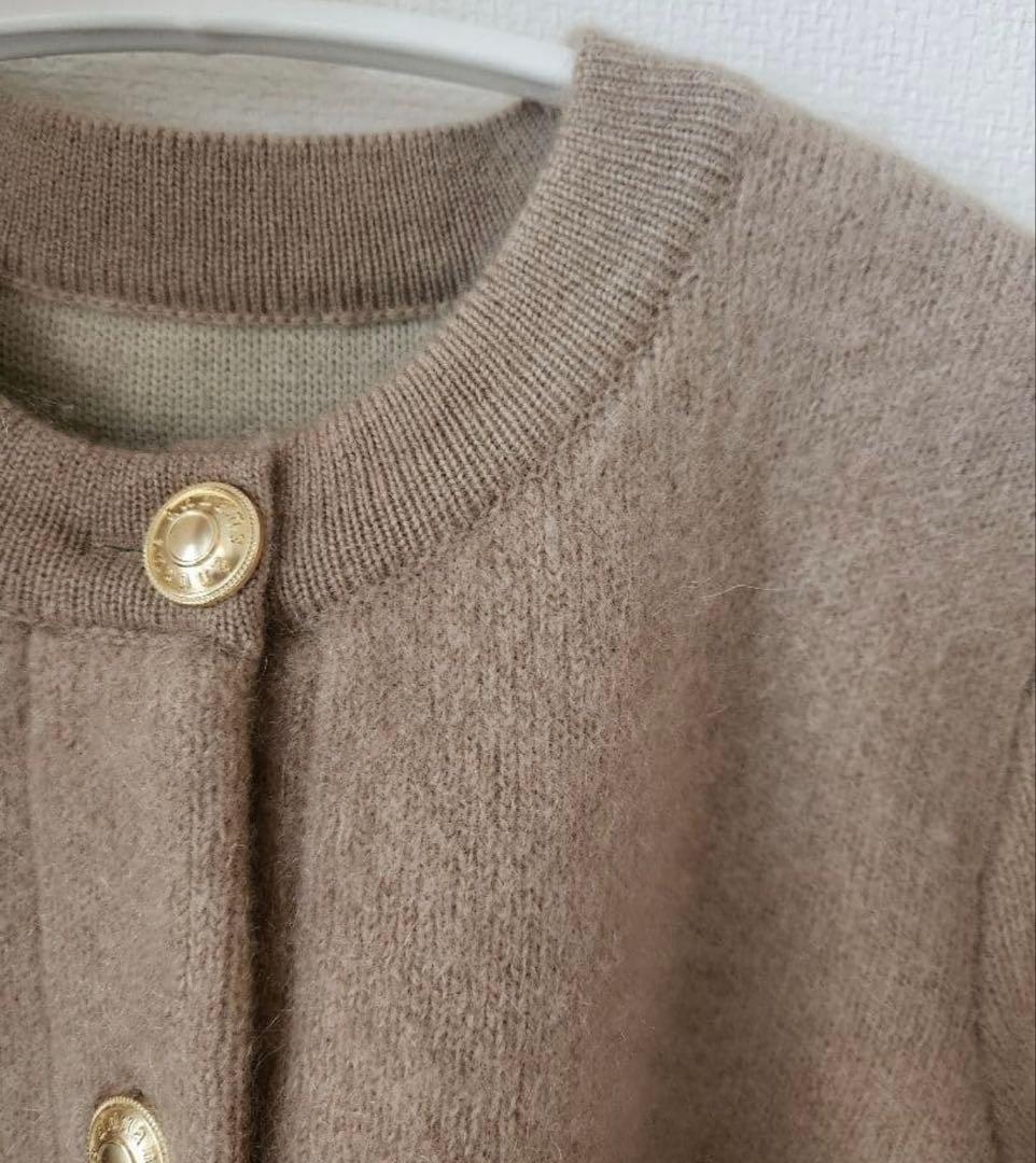 アニュアンス カシミアブレンド ノーカラーニットジャケット ベージュ