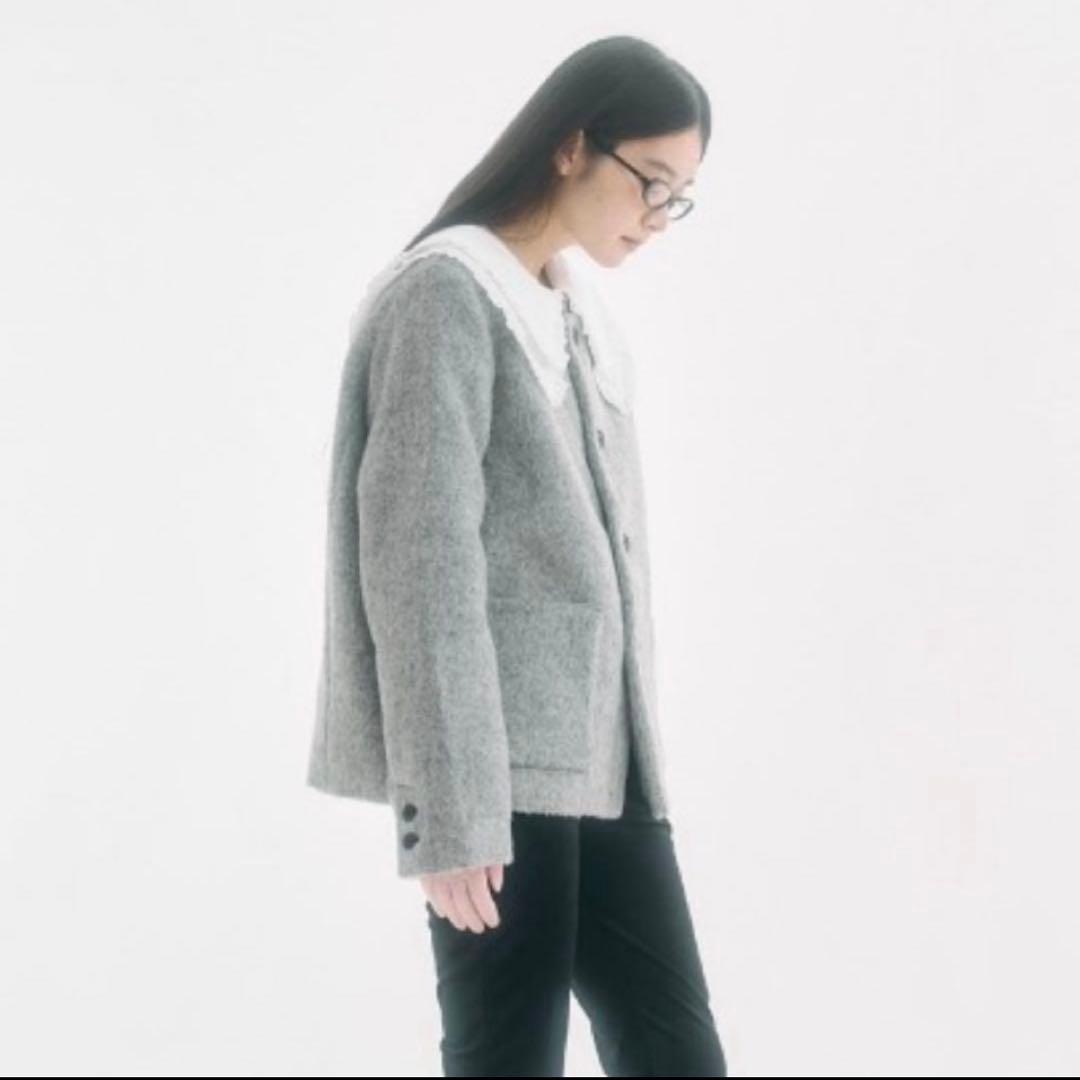 fekete ノーカラーウールシャギージャケット グレー