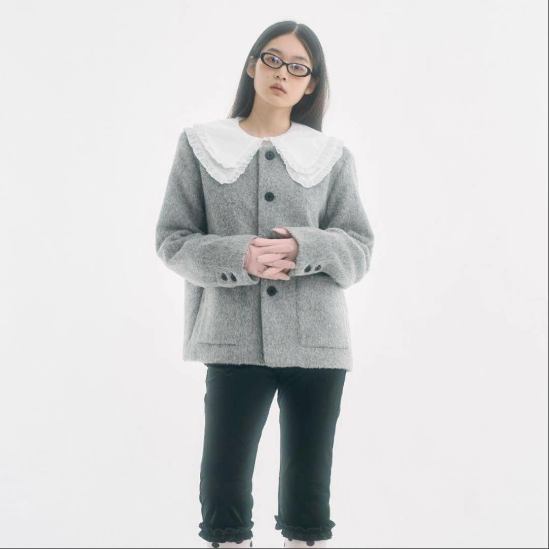 fekete ノーカラーウールシャギージャケット グレー