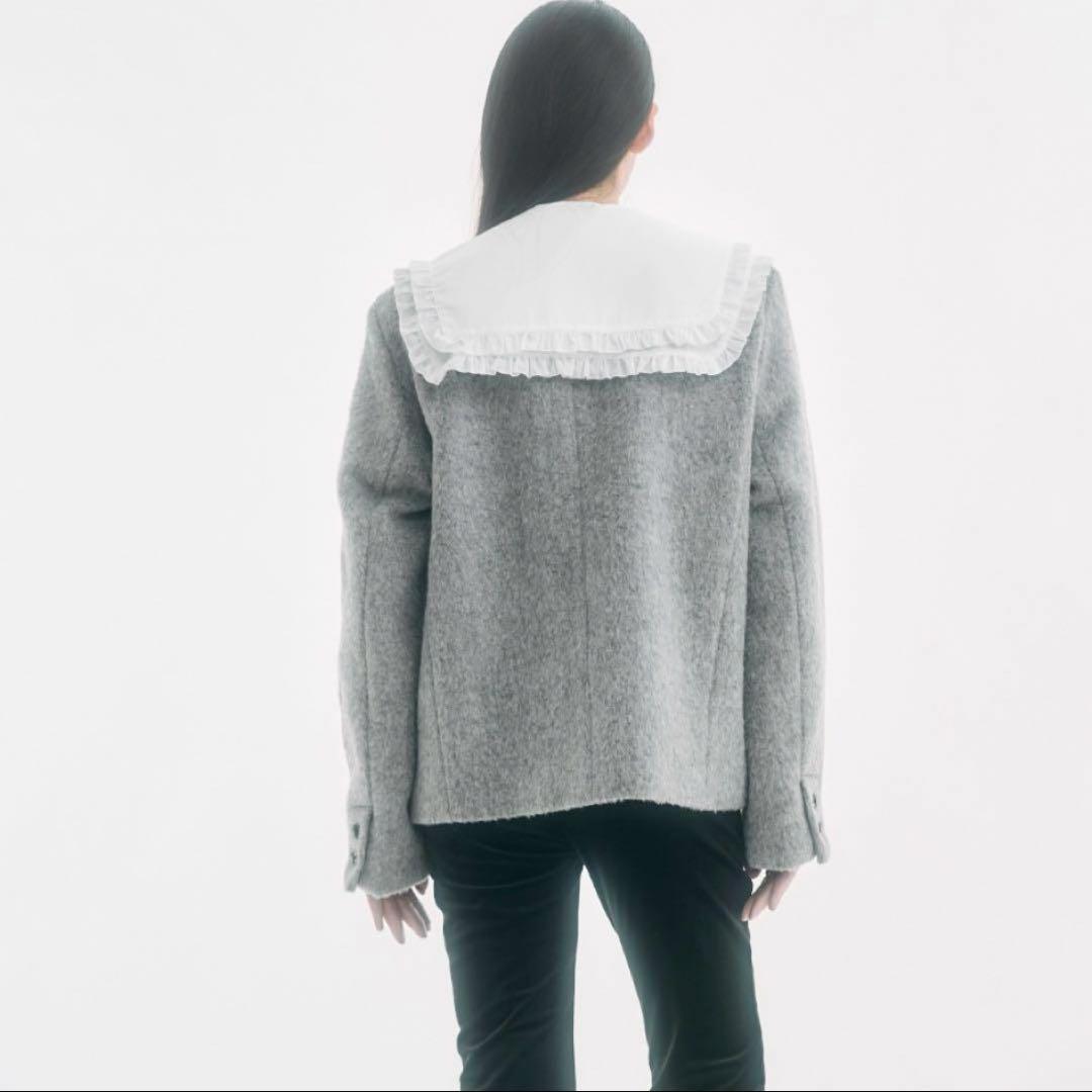 fekete ノーカラーウールシャギージャケット グレー