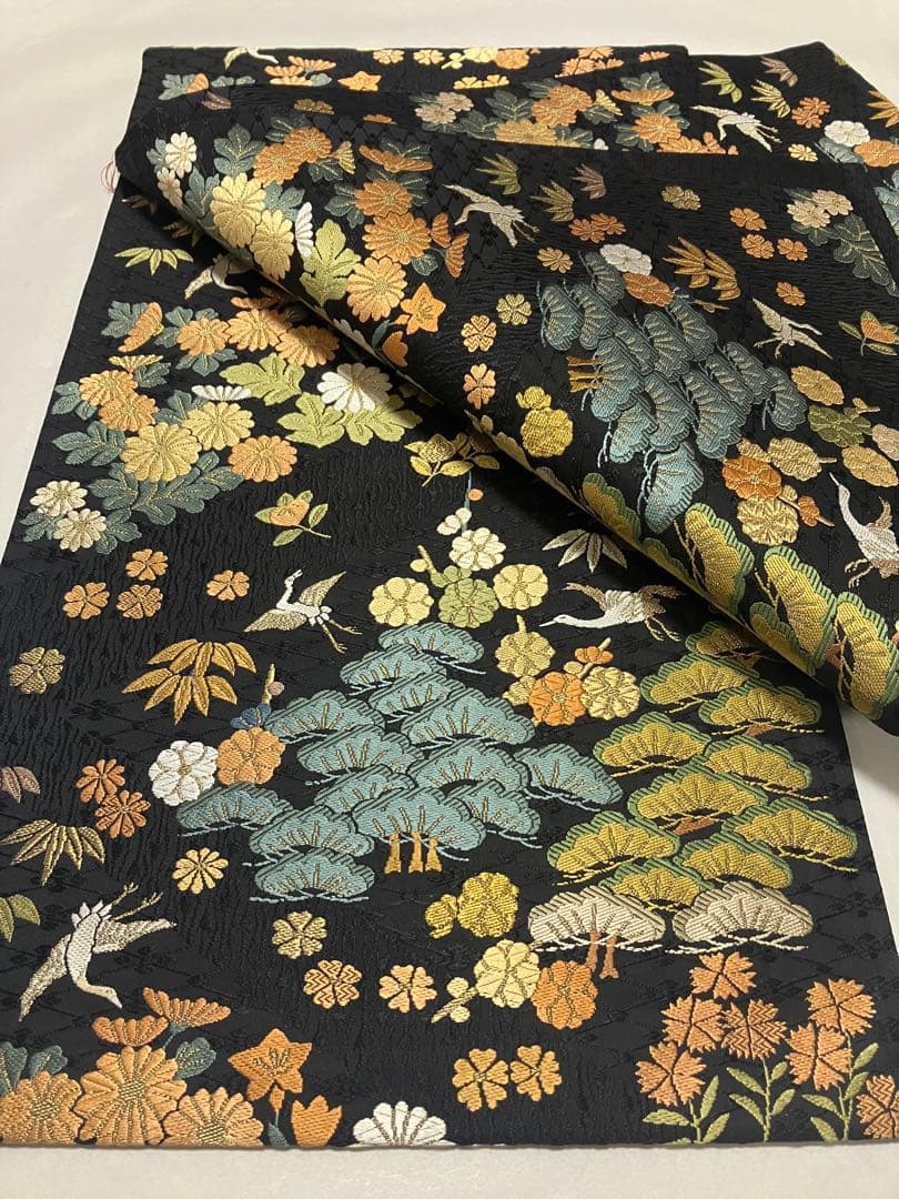 袋帯 松竹梅 鶴 吉祥文様 黒　六通柄　新品未使用品