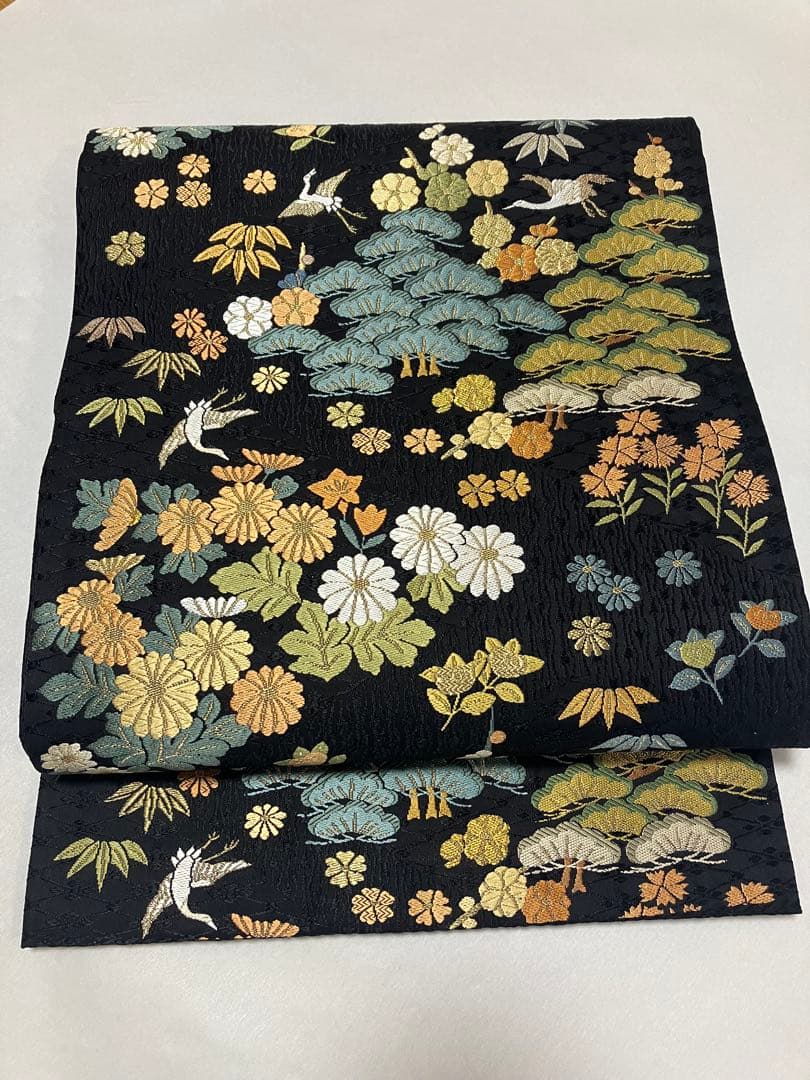 袋帯 松竹梅 鶴 吉祥文様 黒　六通柄　新品未使用品