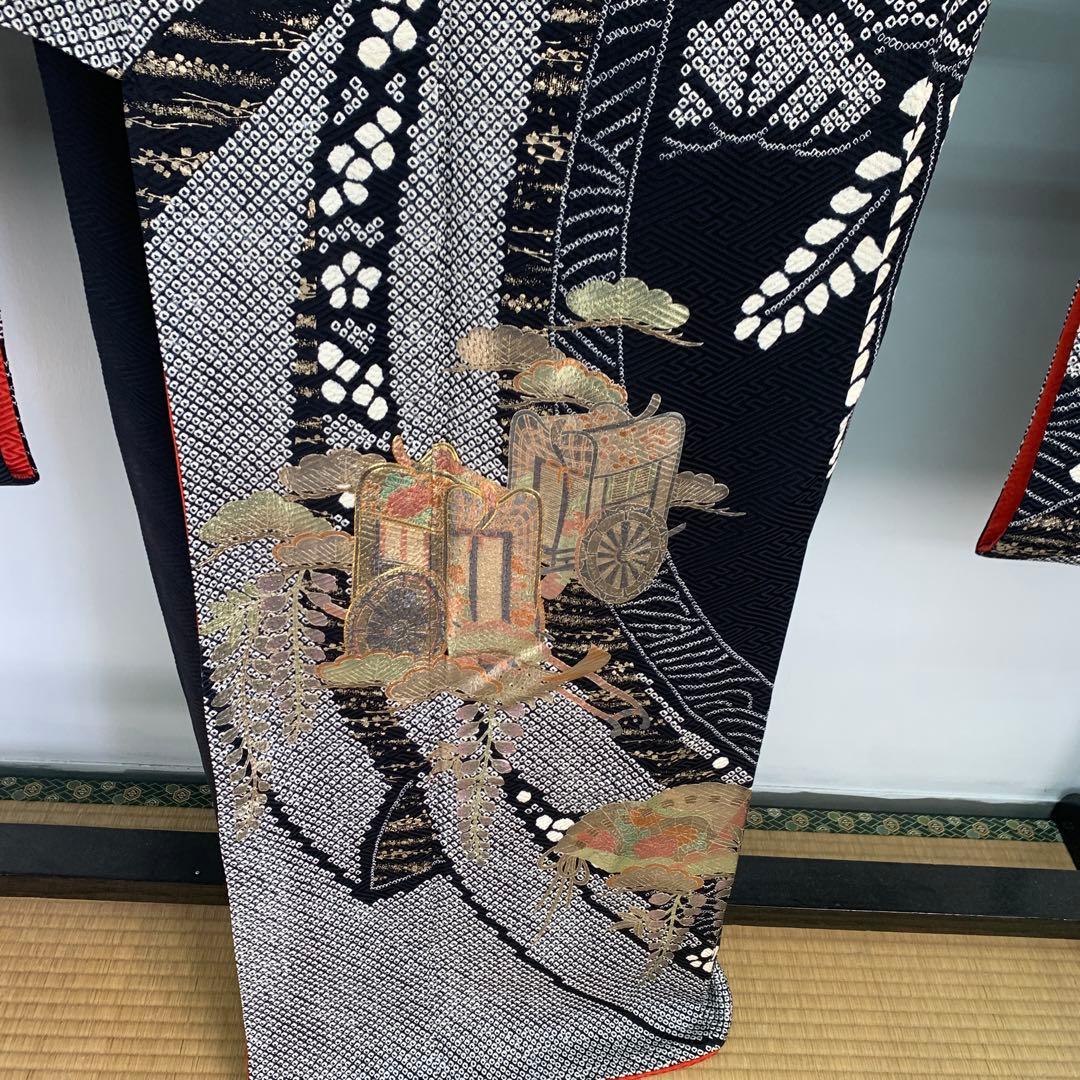 D14 正絹 振袖 絞り 御所車 扇 ブラック系 着物