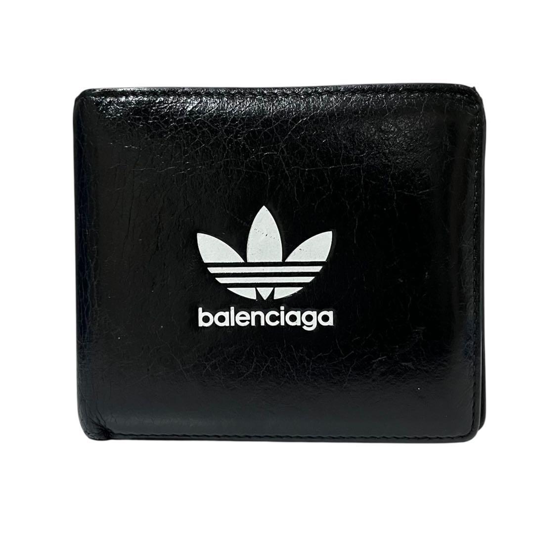 希少✨バレンシアガ アディダス コラボ 二つ折り財布 ロゴ レザー ブラック