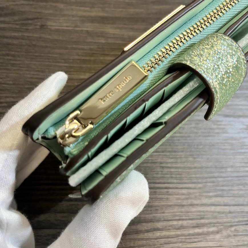 ケイトスペード ニューヨーク グリッター 二つ折り財布 キラキラ グリーン 箱付