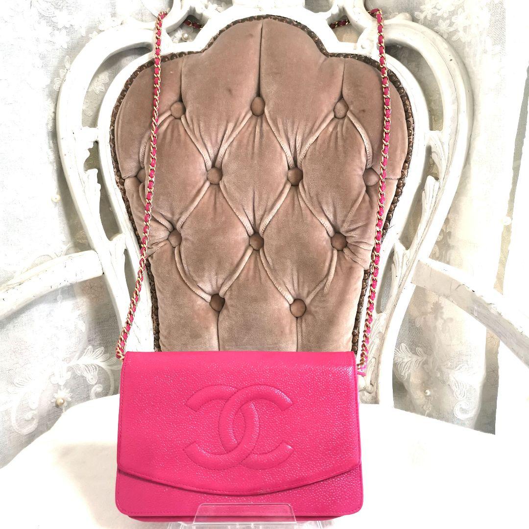 【良品】シャネルCHANELキャビアスキン斜めがけチェーンウォレット長財布