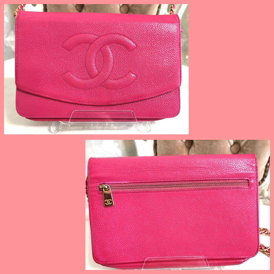 【良品】シャネルCHANELキャビアスキン斜めがけチェーンウォレット長財布