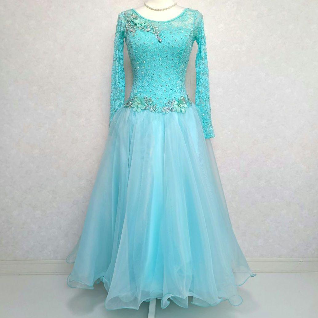 中国製 社交ダンス衣装 エメラルドグリーン レース ビジュー M インナー付