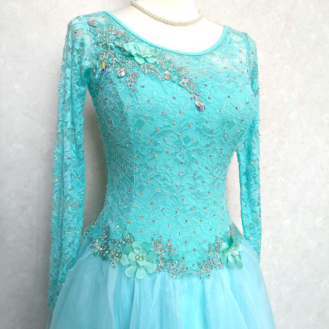 中国製 社交ダンス衣装 エメラルドグリーン レース ビジュー M インナー付