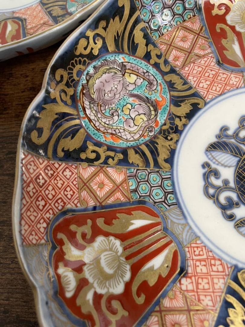 しまじろうページ　金彩赤絵龍図 七寸皿 5客 アンティーク中皿 120