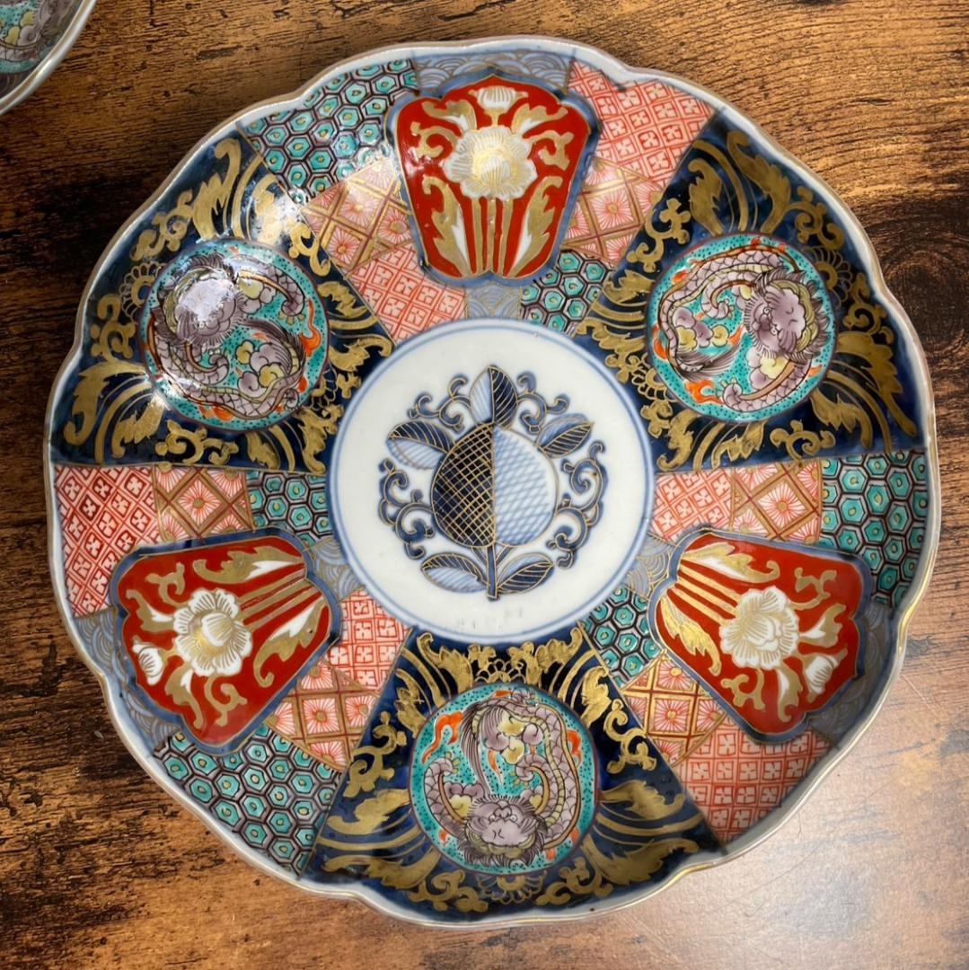 しまじろうページ　金彩赤絵龍図 七寸皿 5客 アンティーク中皿 120