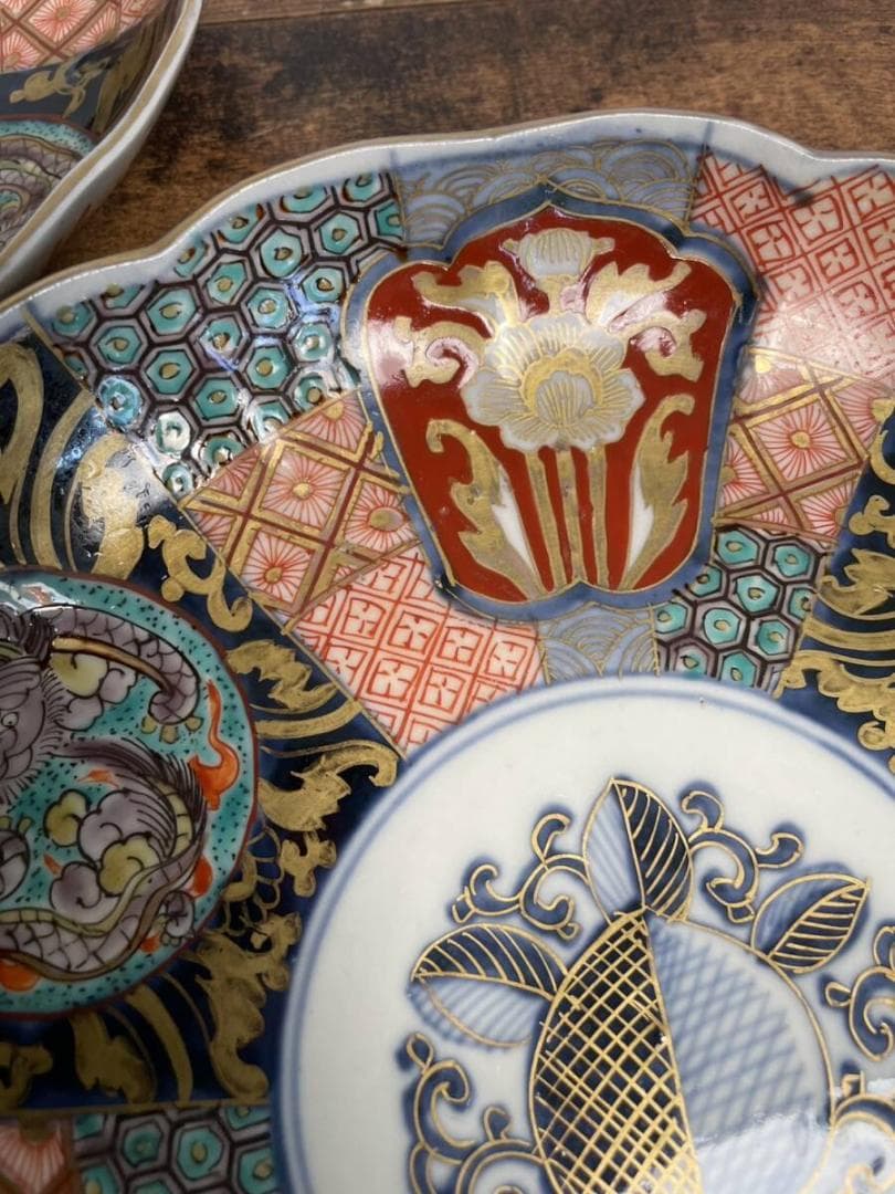 しまじろうページ　金彩赤絵龍図 七寸皿 5客 アンティーク中皿 120