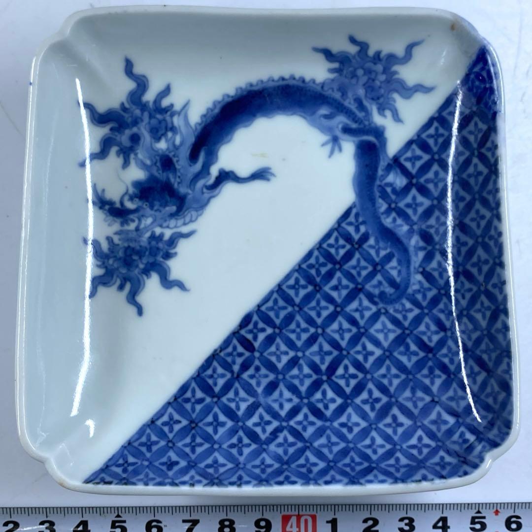 江戸中期　藍柿右衛門　龍図角皿　幅12.5㎝　タエチ　東な7-0215☆2F