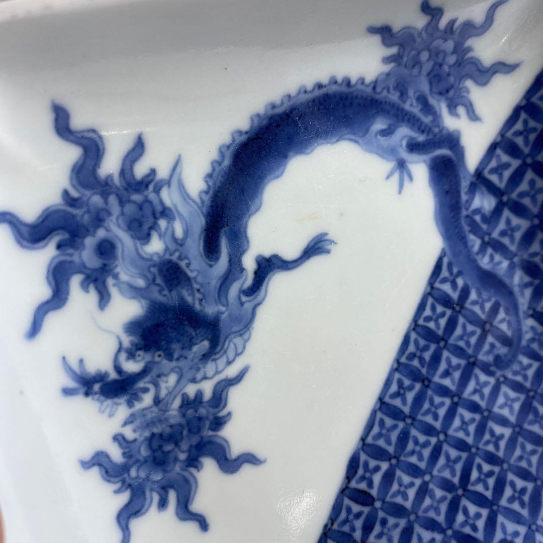 江戸中期　藍柿右衛門　龍図角皿　幅12.5㎝　タエチ　東な7-0215☆2F