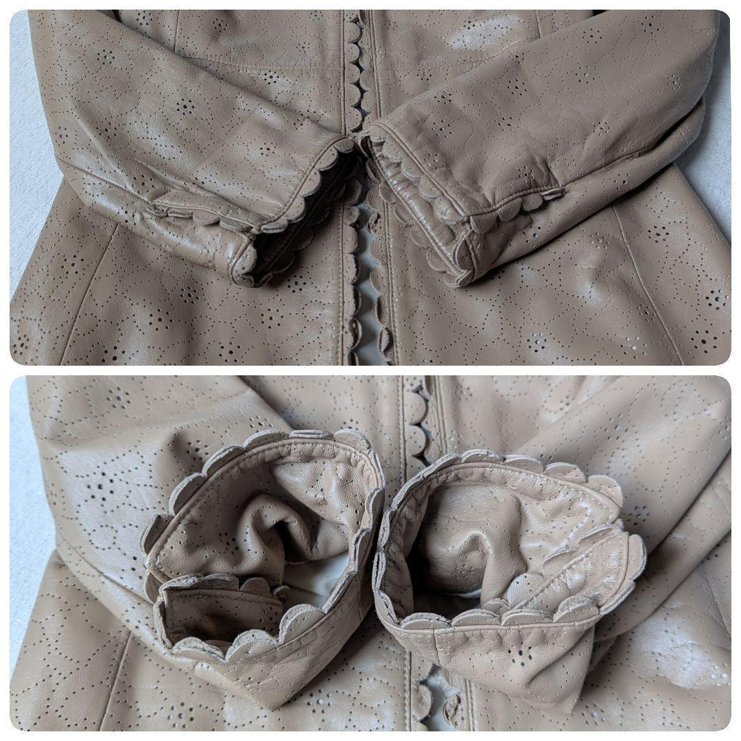 【美品】バルマン ノーカラー レザーコート ベージュ ラム パンチング サイズ9