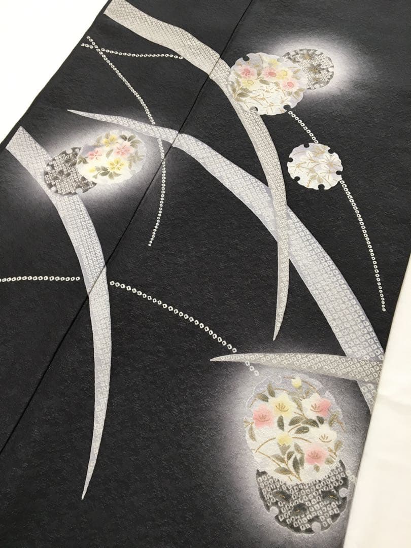 都会的　ドレッシーな【訪問着】正絹　友禅　墨色　裄長め