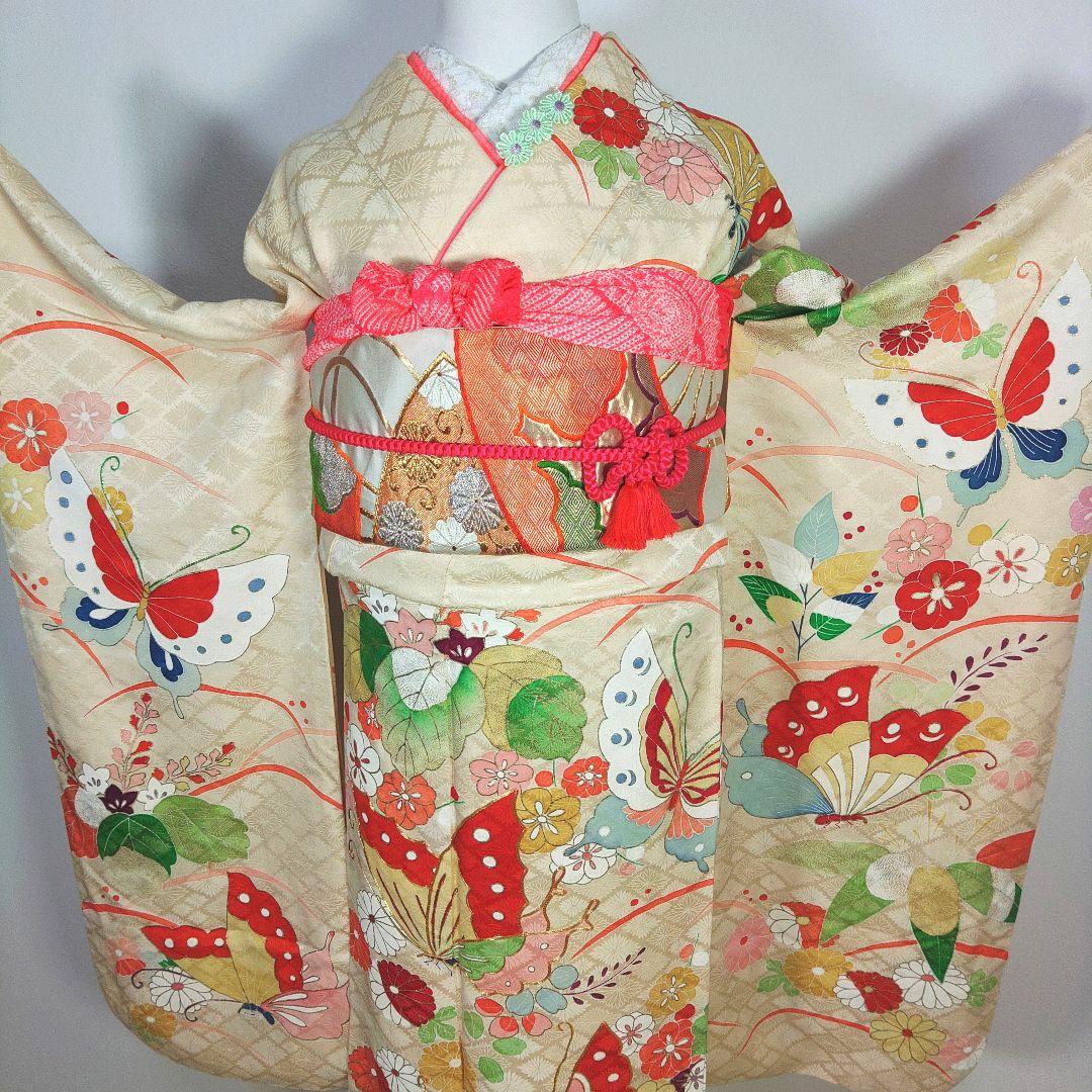 格安！　振袖フルセット　8点　成人式　結婚式　前撮り　蝶々　クリーム色　袋帯　白