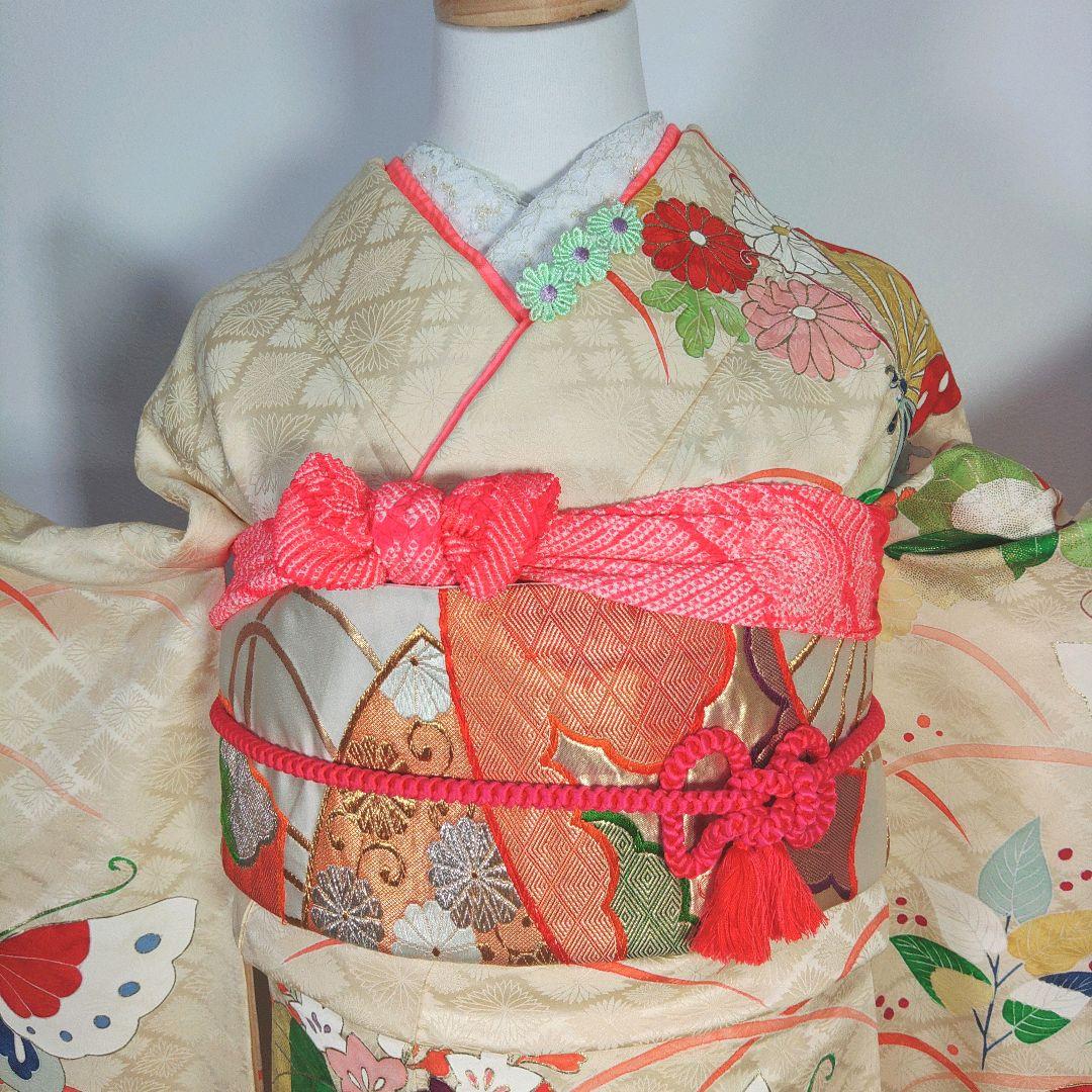 格安！　振袖フルセット　8点　成人式　結婚式　前撮り　蝶々　クリーム色　袋帯　白