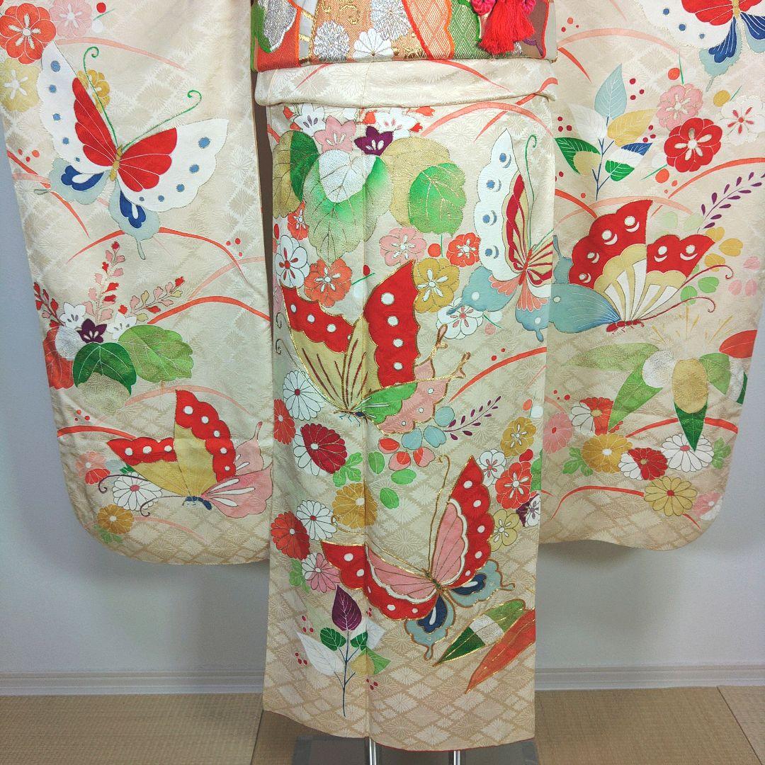 格安！　振袖フルセット　8点　成人式　結婚式　前撮り　蝶々　クリーム色　袋帯　白